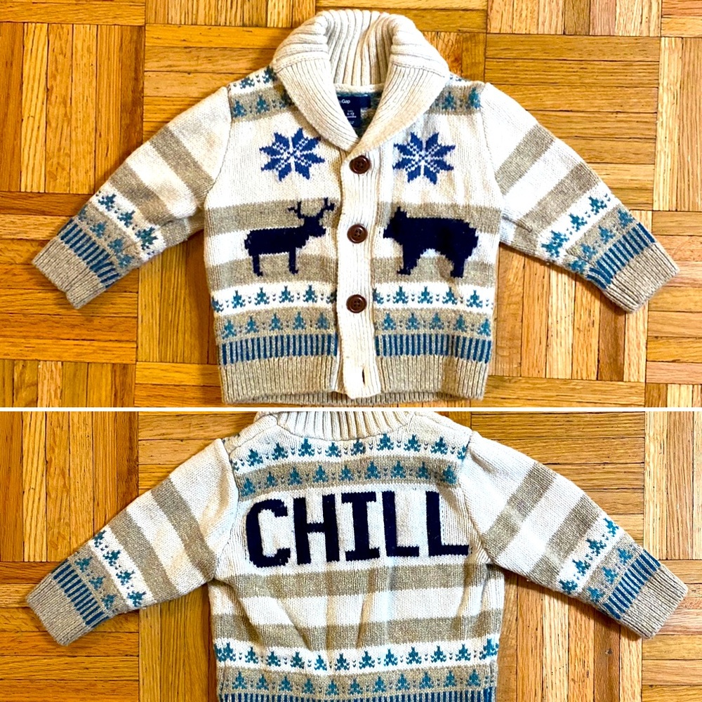 NEW Baby Gap winter wonderland “CHILL” wool & cotton sweater 🐻 ❄️🦌 6-12 mo